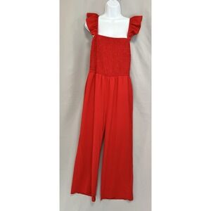 Women's Ruffle‎ Shoulder Smocked Pocket Jumpsuit Sz Large Wide Leg Pull On